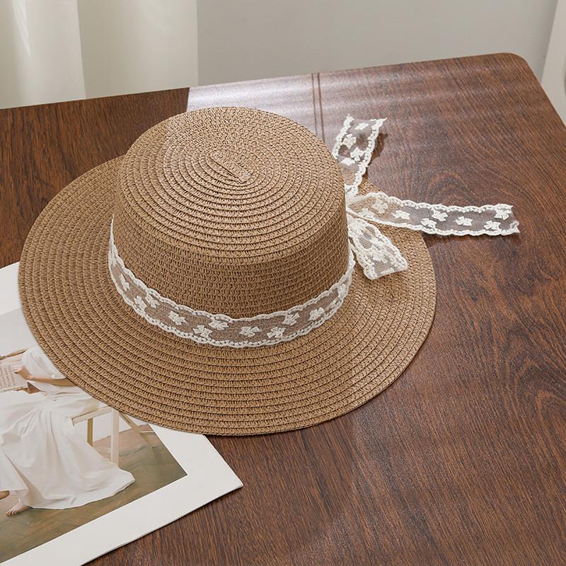 Summer Straw Hat With Lace Ribbon Large Brim Sun Protection For Beach Vacation Women