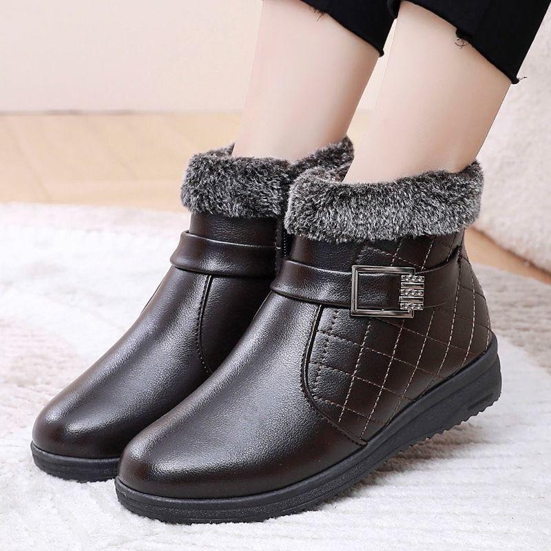 Heiß verkaufende Damen-Kurzstiefel aus weichem Leder, wasserdicht, lässig, rutschfest, bequem, für ältere Frauen, mit Baumwollplüsch