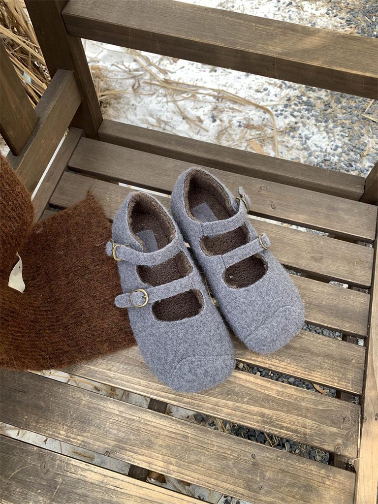 Fashion IPPEUM Women Mary Janes Shoes Winter Ballet Flats Plush Buckle Ballerinas Zapatos Mujer