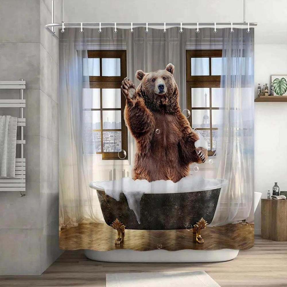 Funny Shower Curtain Brave Cat Cartoon Shower Curtain Waves Ocean Decor Fabric Shower Curtain Set with Hooks Bathroom Decoration