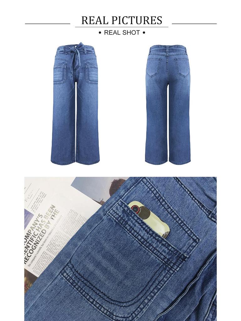 European Elegant Wide-Leg Drapey Lace-Up Slimming Artistic Jeans for Women