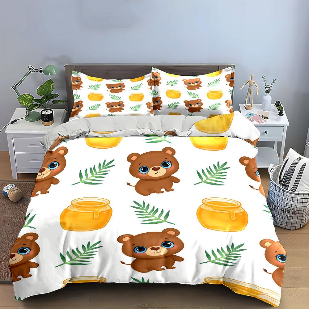 Cute Bear Honey Pattern Set Soft Comfortable Duvet Cover Bedding Set Included 1*Duvet Cover & 2*Pillowcases, Gift