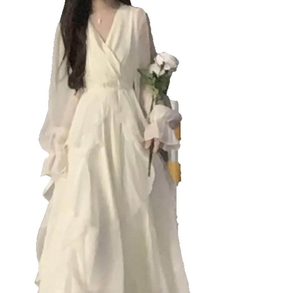 Gentle Wind Waist and Thin First Love Ruffle Edge Dress Women's Spring French Seaside Vacation Apricot Fairy Skirt