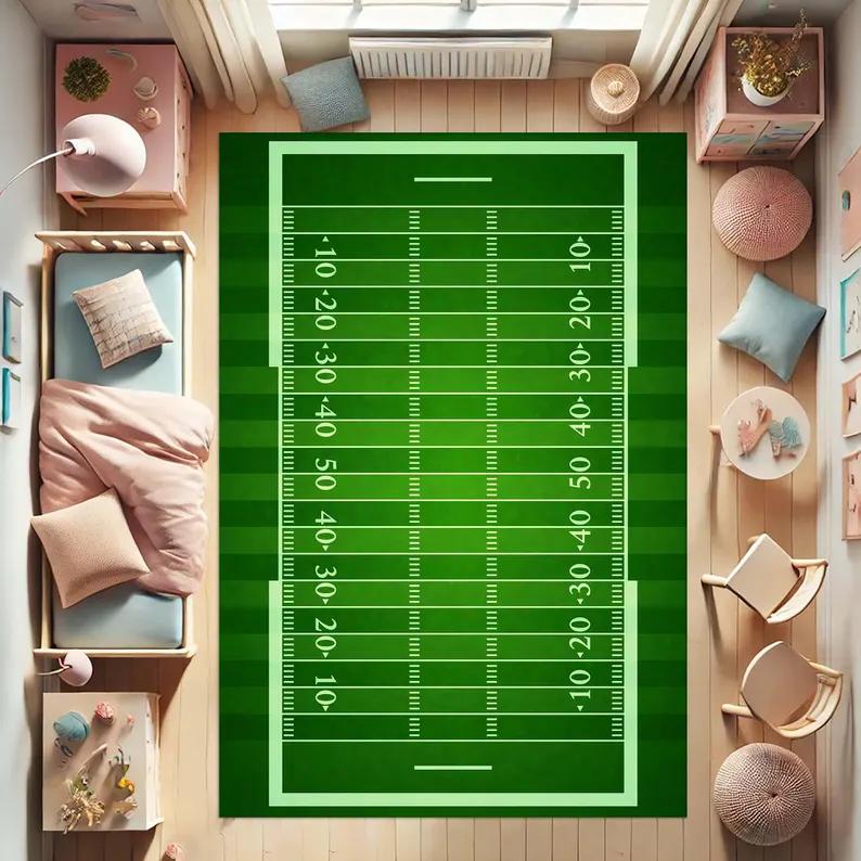 Soccer Field Rug with Team Logo Personalized Football Pitch Carpet Boys Room Man Cave Sports Fan Gift Retro Home Decoration