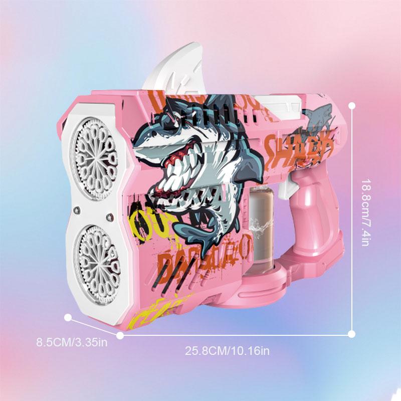 

The popular American toy, the Glowing Shark version of the double-barrel bubble gun with a glowing bubble muzzle, is suitable fo рожевий
