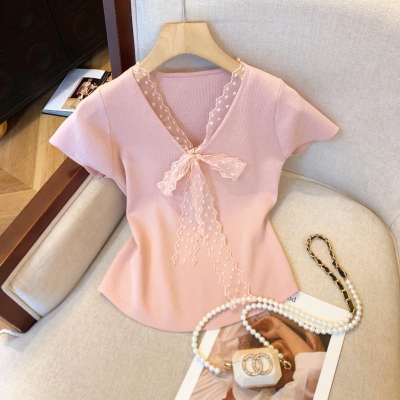 Real shot dopamine v-neck knitted short-sleeved t-shirt women's summer new lace bow short slim top