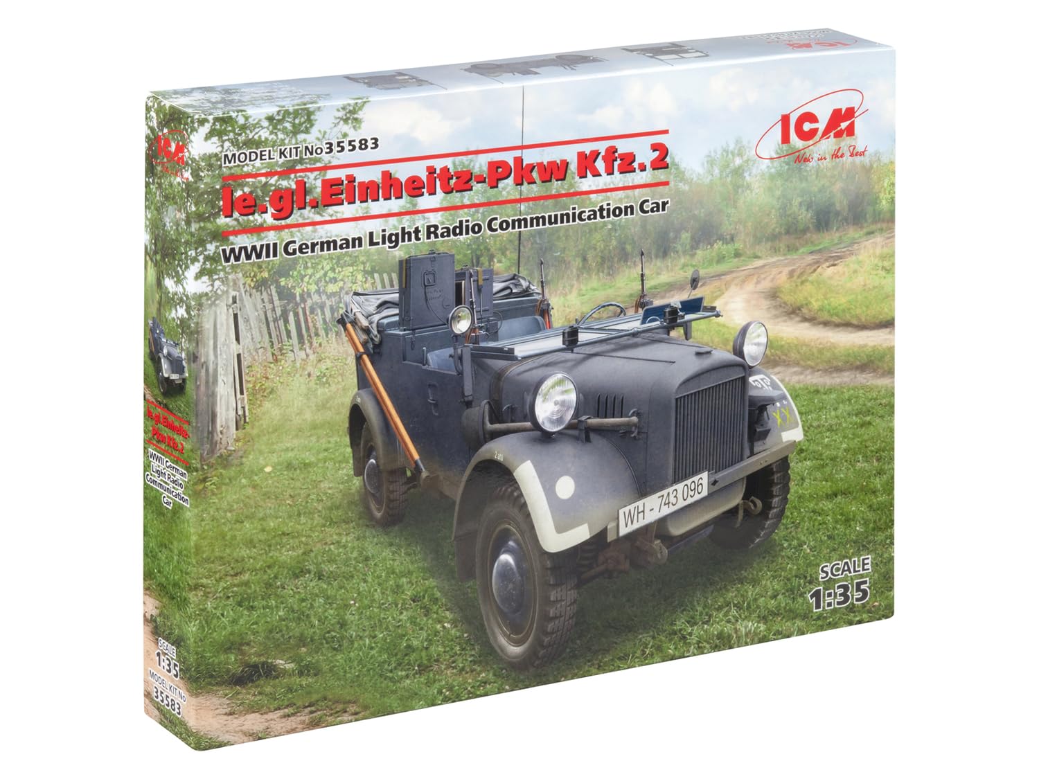 

ICM Масштаб 1/35 Немецкий армейский le.gl.Einheitz-Pkw Kfz.2 Легкий полноприводный автомобиль, оснащенный радиостанцией, Пластиковый набор для сборки 35583