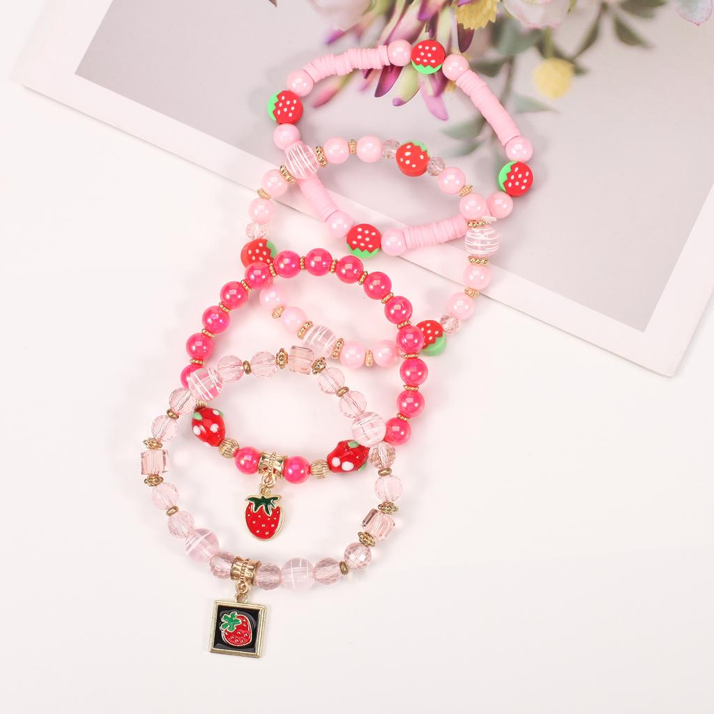 Strawberry Pendant Pink Beads Multilayer Stretch Bracelet Cute Fruit Design Hand Decoration Gift For Women