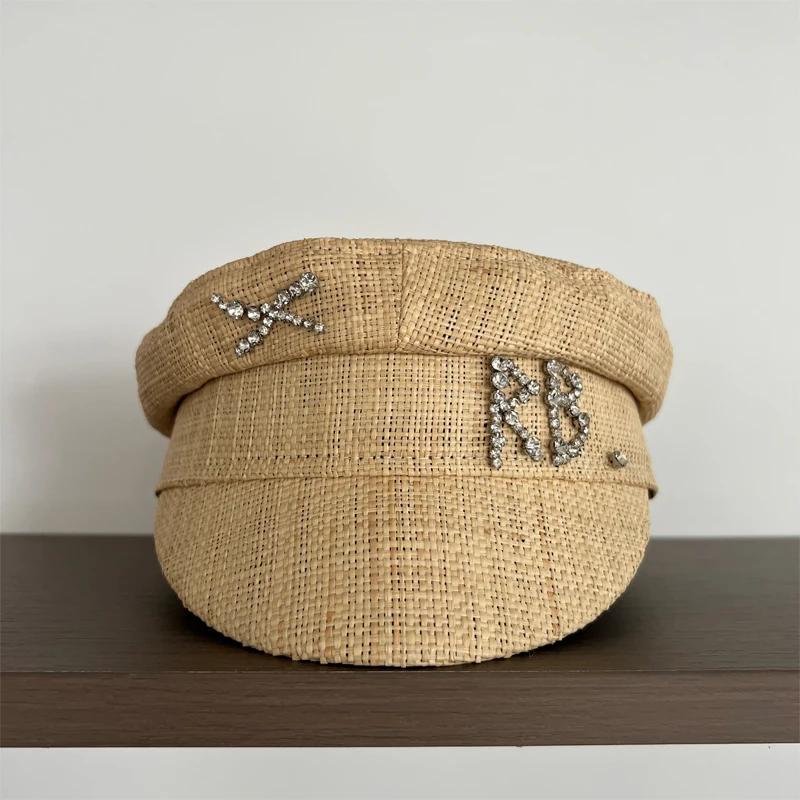 INS Spring Summer Hand-sewn Raffia Newsboy Hats for Women Letter Crystal-Embellished Baker Boy Cap XS-L Sombreros De Mujer
