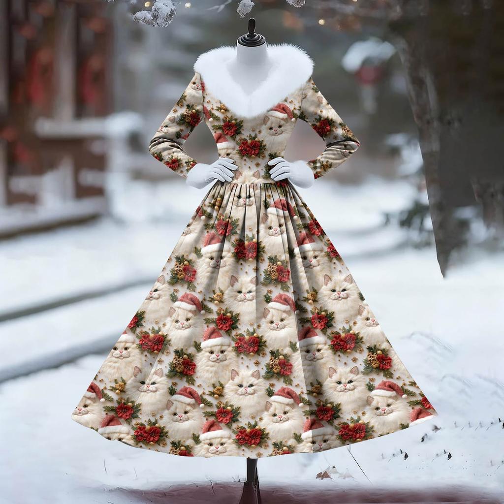 Women's Casual Dress Long-Sleeve V-Neck Patchwork Fleece Christmas Print Dress