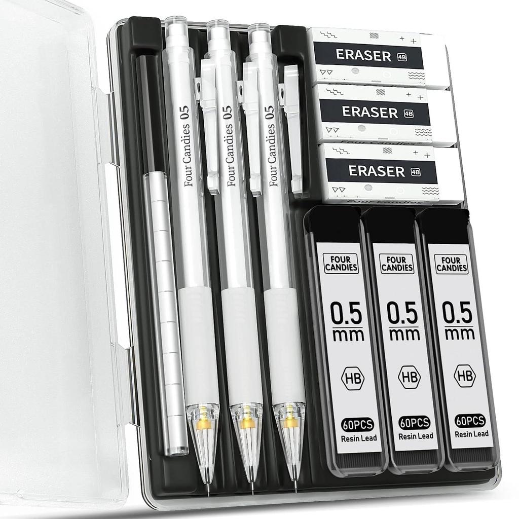 Four Candies Sharp Pencil Set Clear Case 0.5mm 3 Pieces HB Lead Refill 180 Eraser White Frost Students Drafting Writing