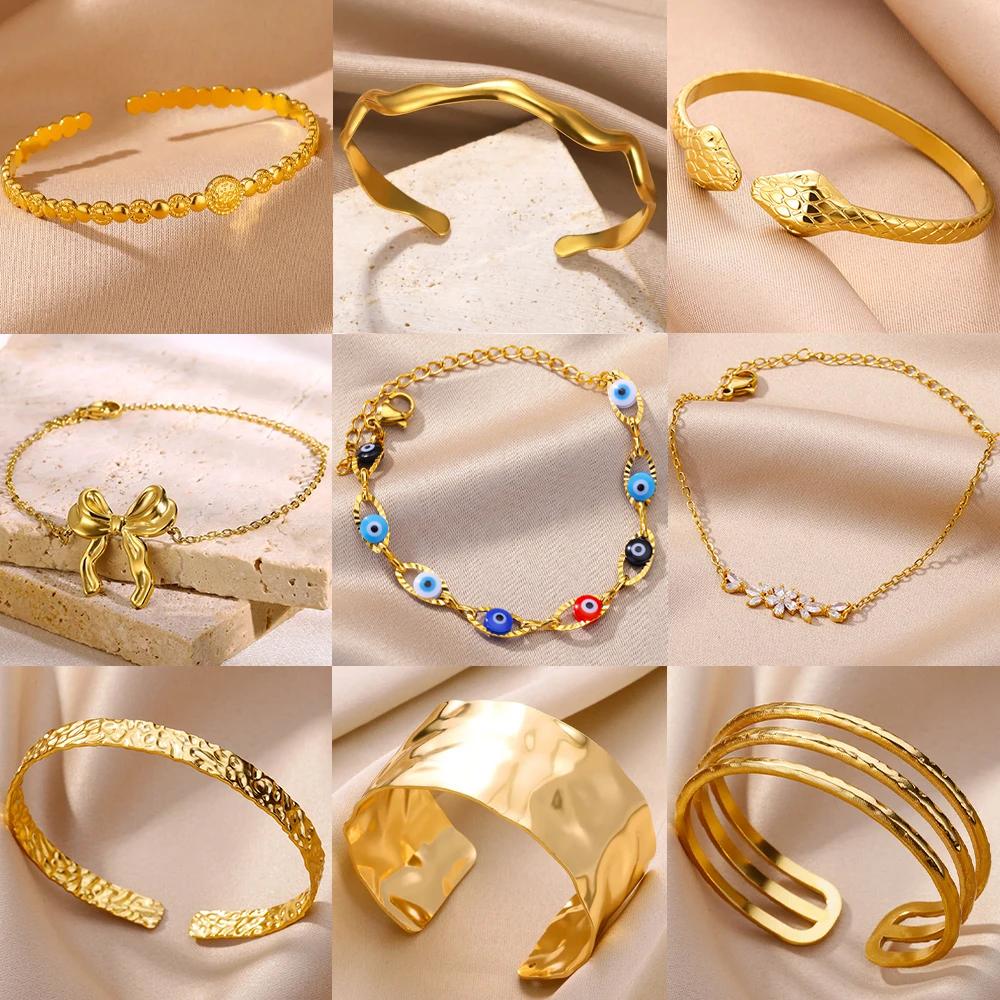 26 Style Elegant Bowknot Stainless Steel Bracelet for Women Gold Color Evil Eye Adjustable Charm Bracelets Fashion Zircon Gifts