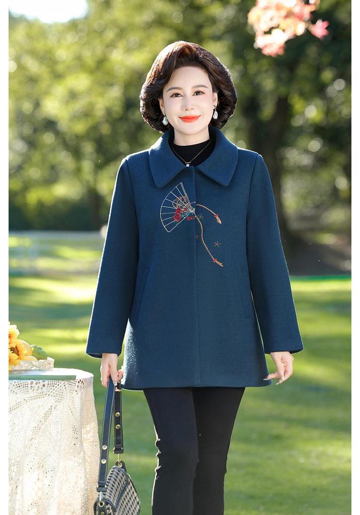 Mom's Stylish Quilted Embroidery Woolen Coat for Autumn and Winter