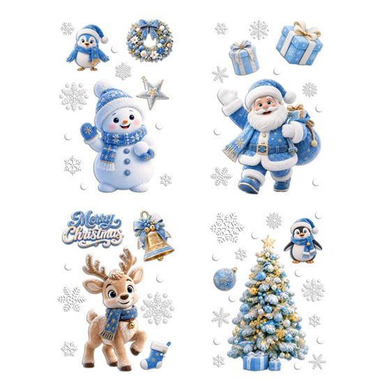 Transparent Holiday Glass Clings 4Pcs Christmas Static Window Clings, Blue Santa Snowman Reindeer Penguin Winter Wonderland Wall Decals Stickers,
