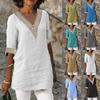 Women's Loose Fit Casual V Neck Tunic Top with Lace Trim Cotton Linen Blend Half Sleeve Blouse for Everyday Wear
