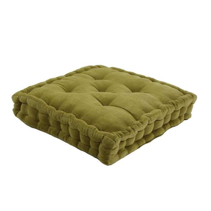 Pouf tapissier en velours de coton uni vert mousse 40x40