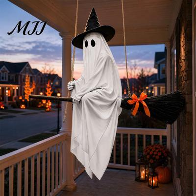 Outdoor Halloween Porch Decor Hanging Ghost Decoration with Witch Hat and Broom, Spooky Flying Wizard Ornament for Haunted House Tree Yard,