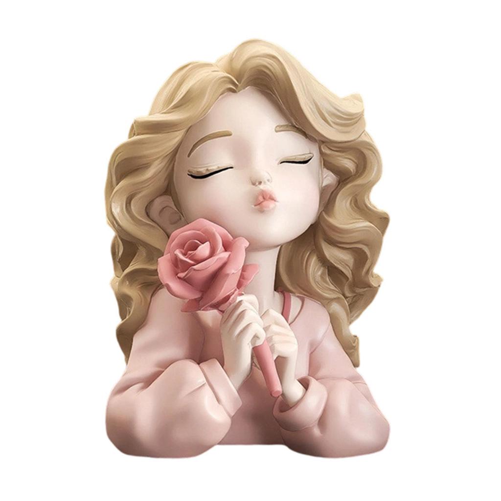Resin Girl Statue Holding Flower Desk Figure Indoor Home Decor Decoration Sculpture for Mother Day Xmas Birthday Lovers Shelf