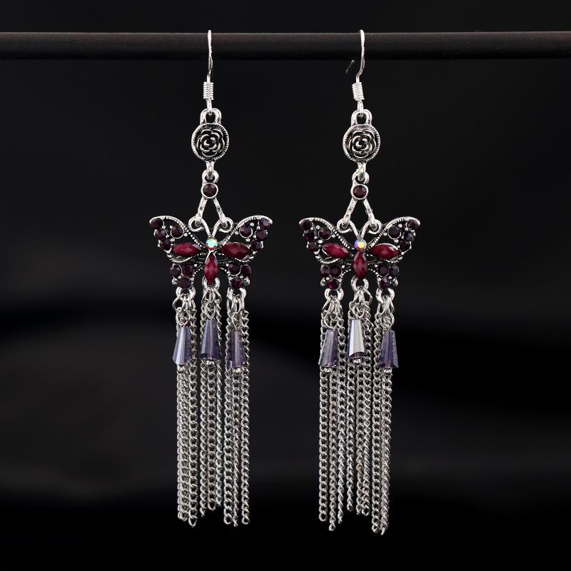 Retro Ethnic Style Butterfly Crystal Fringed Earrings Femininity Versatile Personality Long Earrings Fashion Earrings