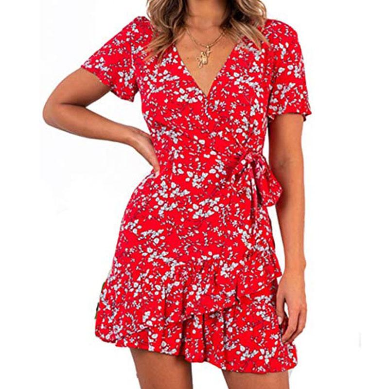 Summer V-neck Printed Short-sleeved Skirt, Lace-up Ruffled Dress, Fashionable, Sexy, Elegant and Generous Ladies Long Skirt