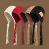 Retro Long Tassels Crochet Knitted Hat Wool Vintage Knit Beanies Warm Korean Ear Protection Hat Autumn
