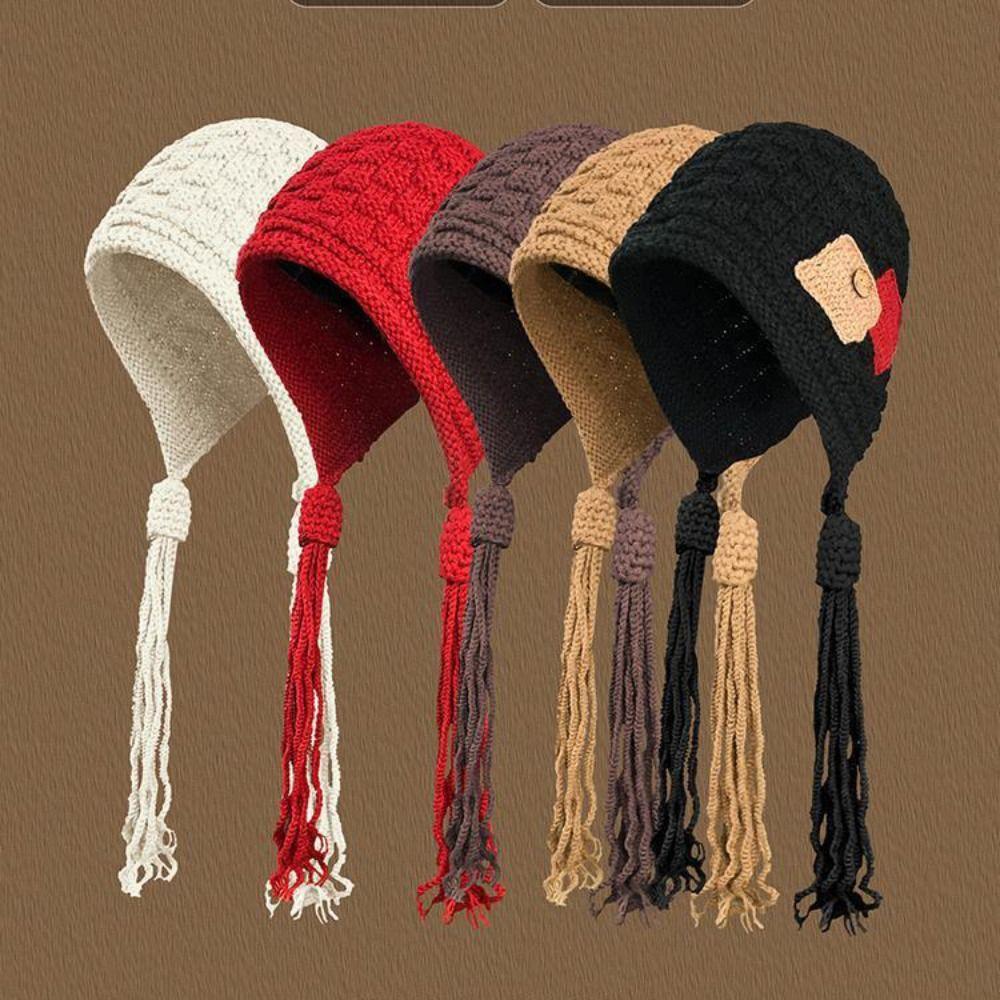Retro Long Tassels Crochet Knitted Hat Wool Vintage Knit Beanies Warm Korean Ear Protection Hat Autumn