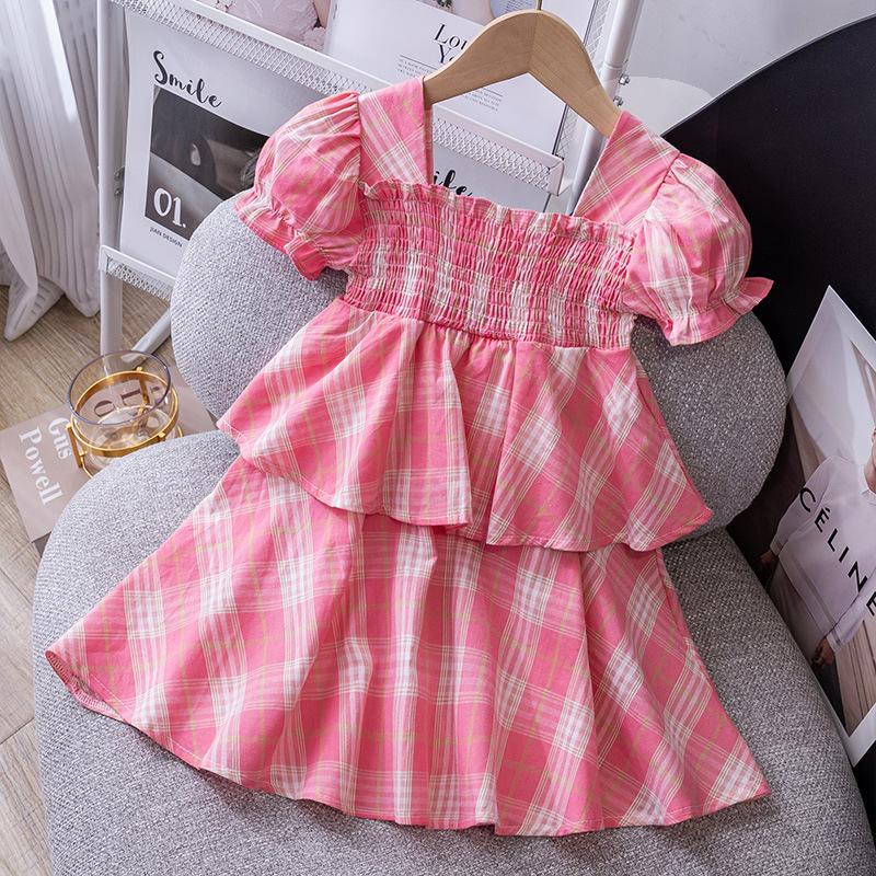 Summer Girls Plaid Dress Square Neck Puff Sleeve Cute Baby Princess Dress Kids Clothing 110cm розовый