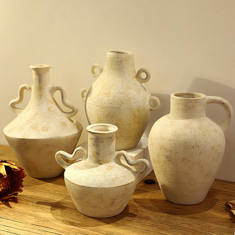 Ceramic Vase Retro Pot Rough Pottery Geometric Handle Flower Vase Flower Arrangement Accessories Flowerpot Home Decoration