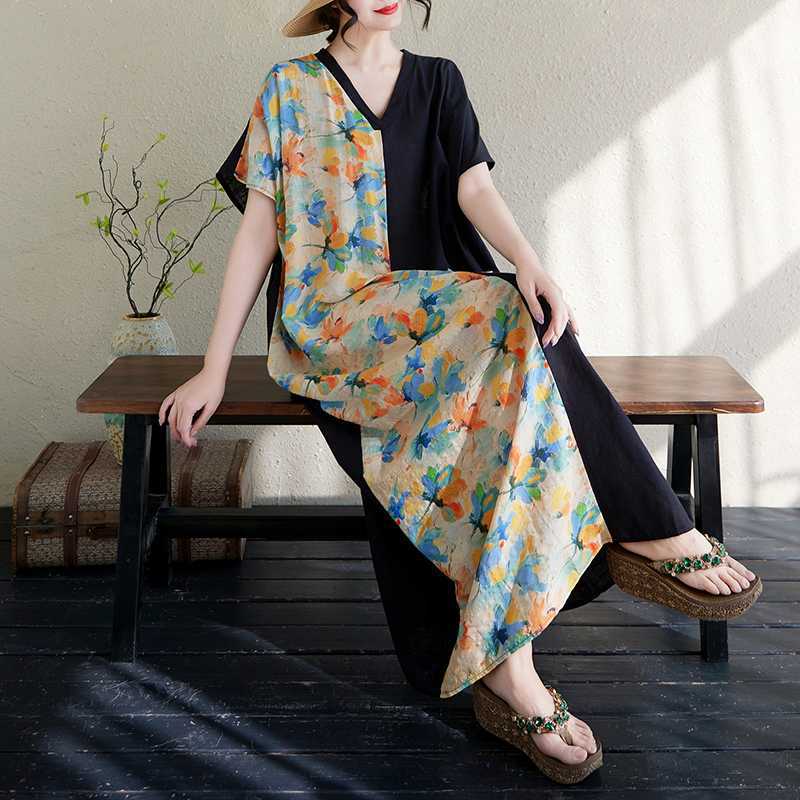 Women's Cotton and Linen Retro Slimming Short Sleeved Color Blocked Dress