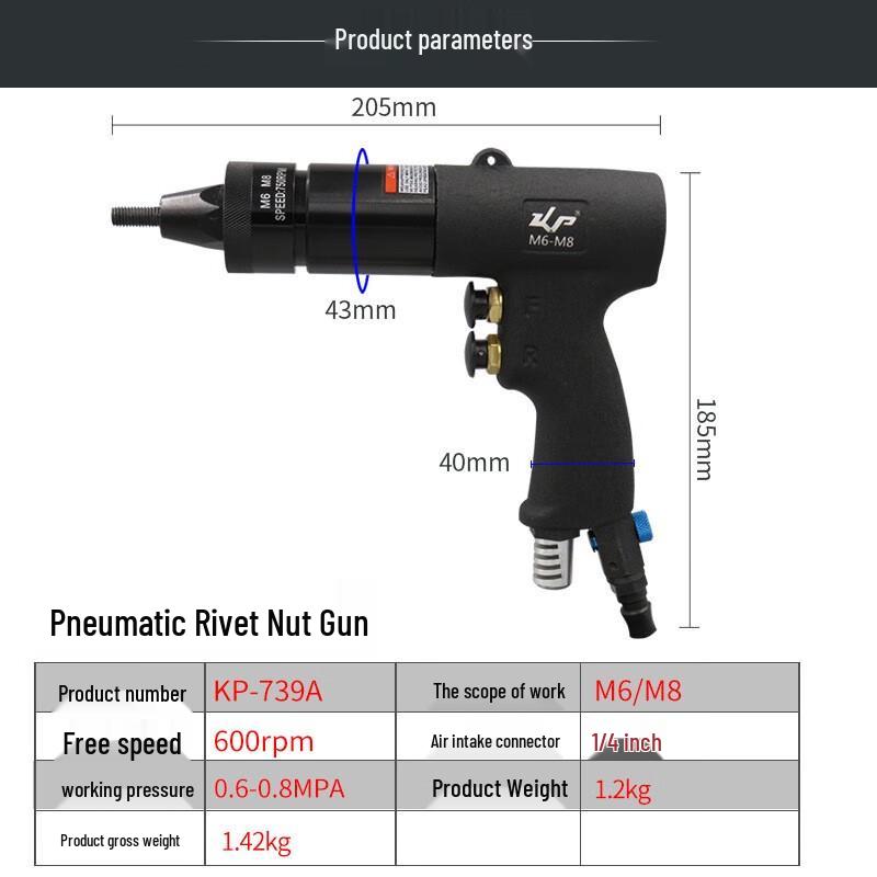 Gaobao KP-739A M6/M8 Pneumatic Rivet Nut Gun CN Plug (adapter Included)