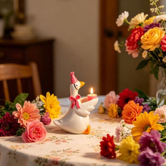 Portacandele Anatra Topper per Torta, Carina Statuetta Anatra in Resina con Fiocco e Cappello da Festa, Foro Metallo per Candela, Piccola Statua Anatra per Torta di Compleanno Tavolo