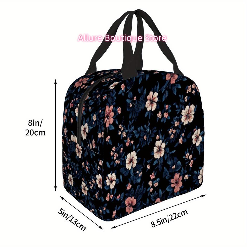 1pc, Floral Pattern on Dark Background, Printed Thermal Bag, Insulated Bag, No Food Contact, Suitable for Home, Restaurant, Offi