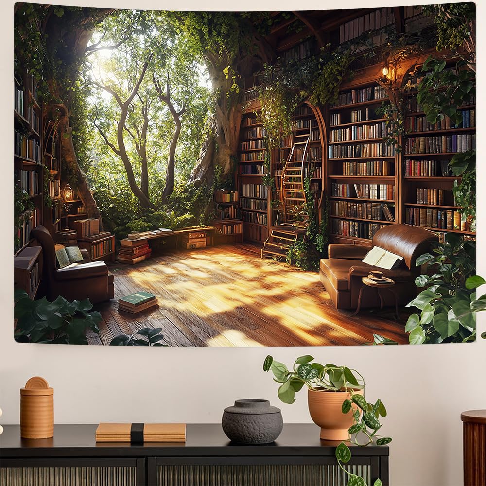 Window Tapestry Forest Window Tapestry Library Tapestries Tree Bookshelf Wall Blanket For For Bedroom Living Room Dorm Decor