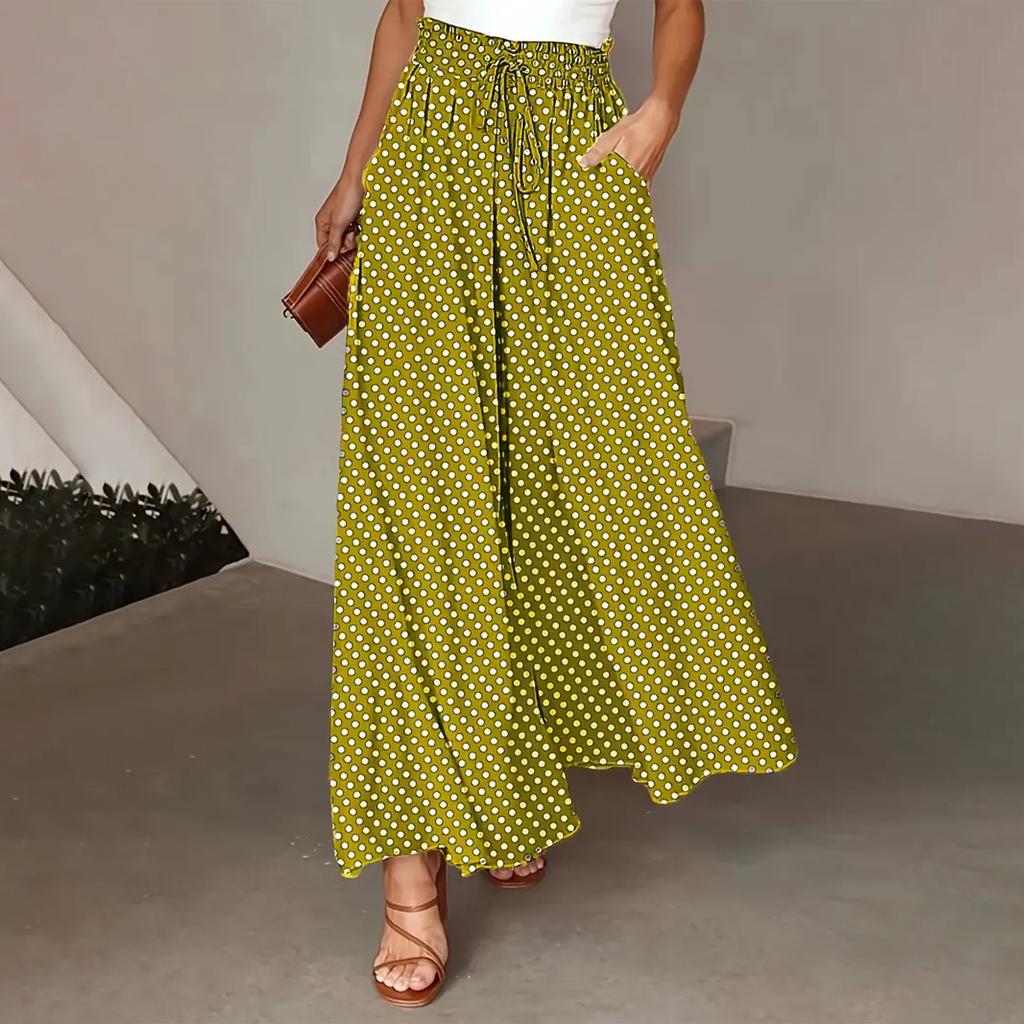 Women's Fashionable Bohemian Wide,leg Trousers With Elastic Waist And Polka Dot Print Long Skirt Pants