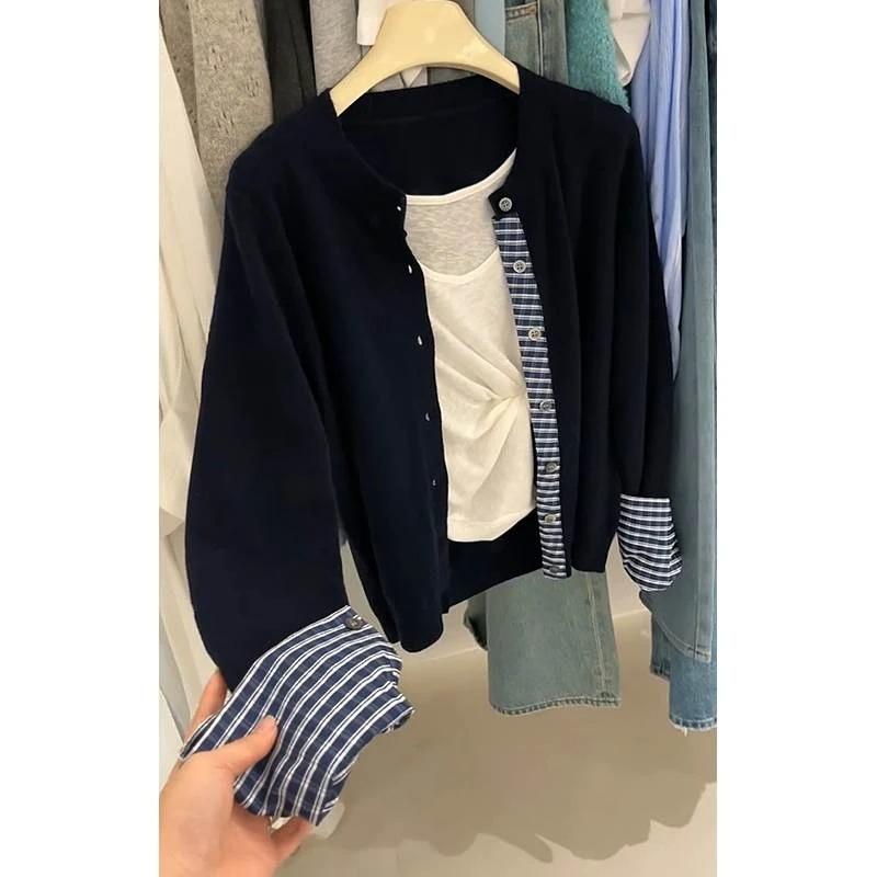 Contrast Color Fake Two-piece Plaid Cardigan Spring Slack Women's Top Soft Waxy Knitted Sweater Jacket