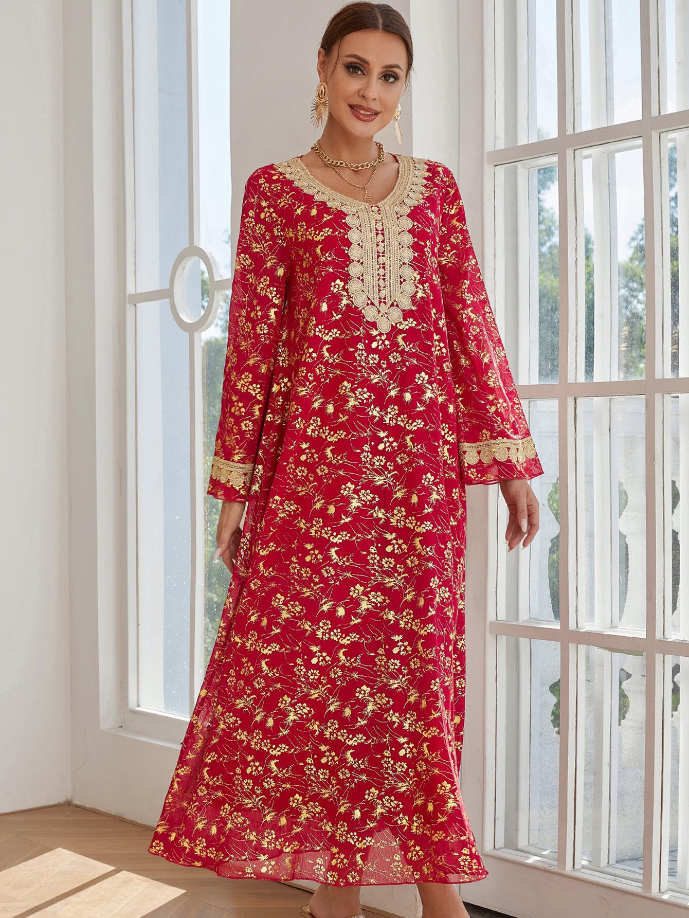 

Middle Eastern Abaya Evening Dress with Hot Stamping Lace and Splicing Design Small вина червоного кольору