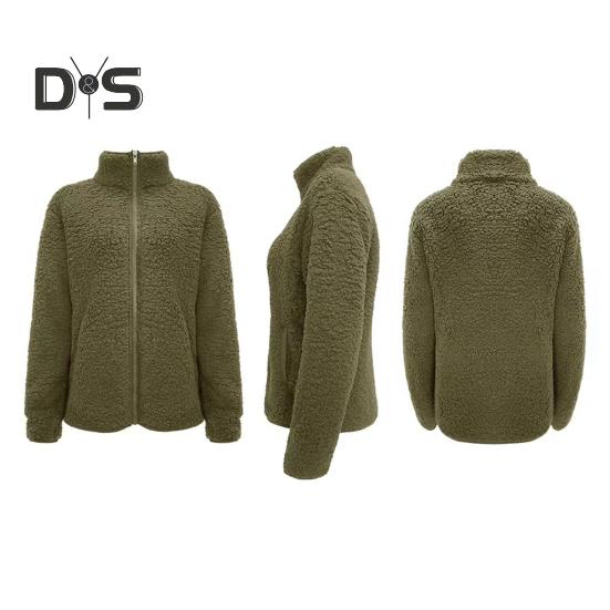 Kurtka zimowa damska z podwójnymi kieszeniami, gruby polar, zapięcie na suwak, kardigan, długie rękawy, ciepły, wiatroszczelny, zatrzymujący ciepło płaszcz zewnętrzny