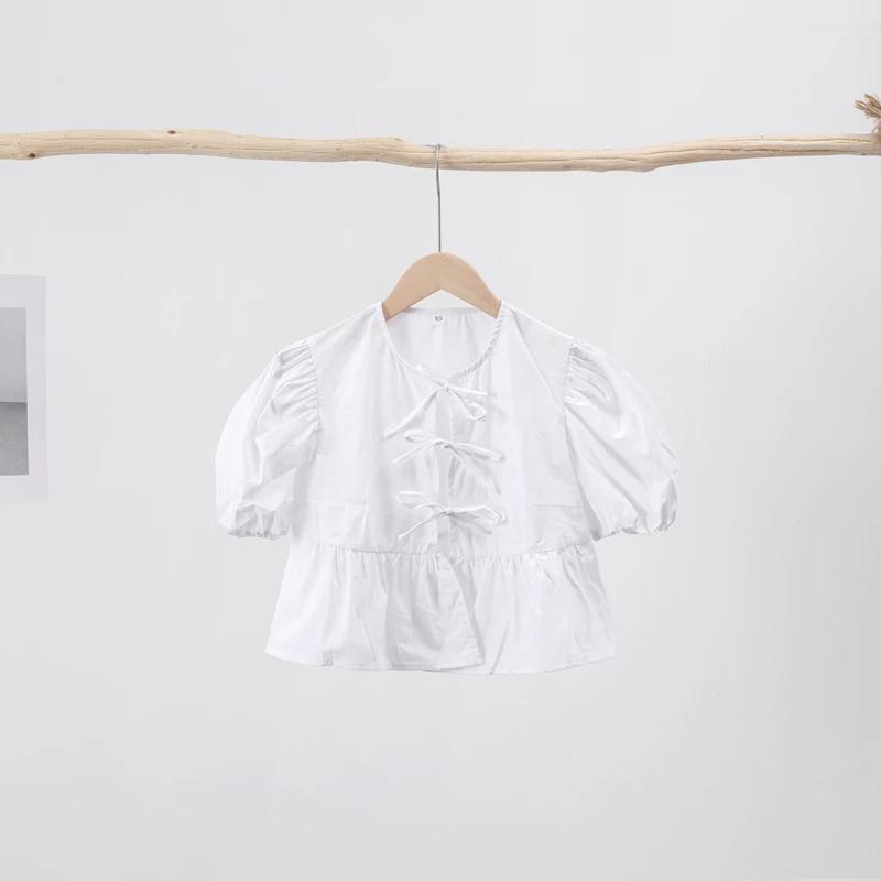 Leopard Bow Lace Up Women Shirts Blouses 2024 Loose Solid Puff Sleeve Pleat Shirt Top Spring Summer New Cropped Lady Streetwear