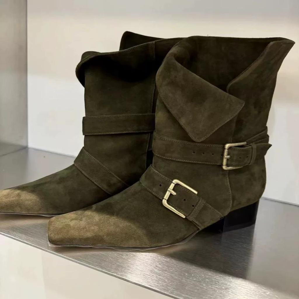 Leather Suede Vintage Small Square Head Two Wear Fold Thick Heel Belt Buckle Medium Boots Women's Autumn and Winter Martin Boots Short Boots