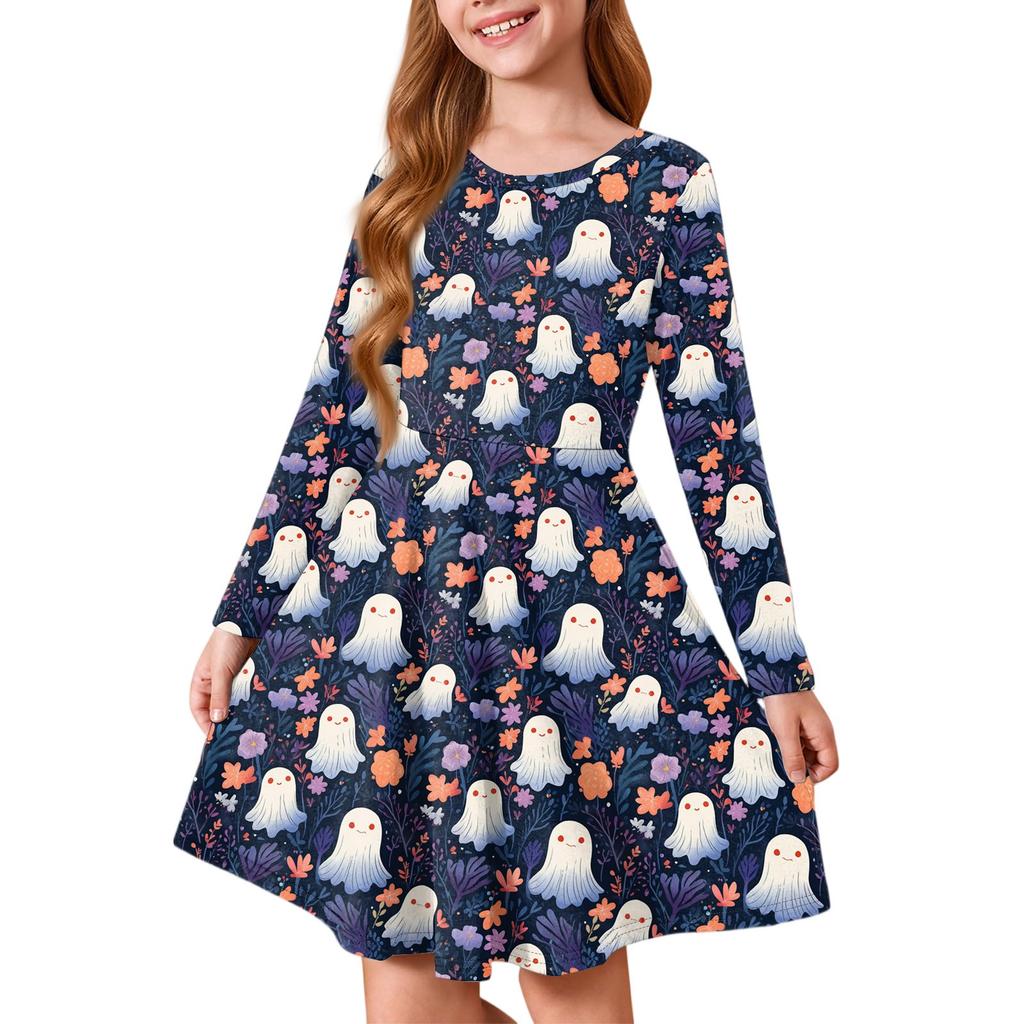 Girls' Summer Princess Dress Halloween Day- Long Sleeve A-Line T-Shirt Dress