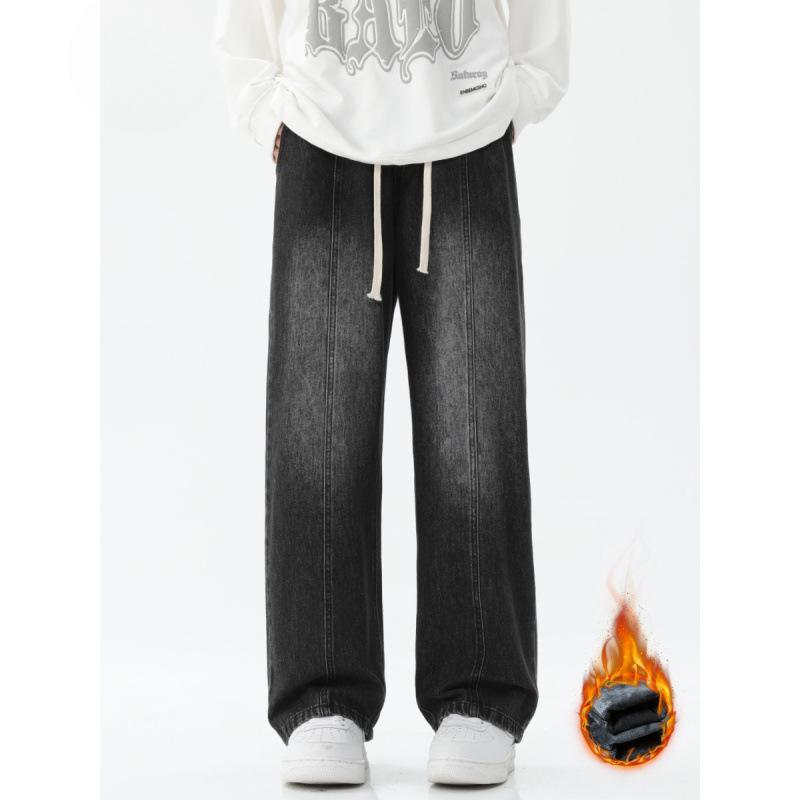 Plush Thick Jeans Men's Loose Straight Trousers with Winter Design