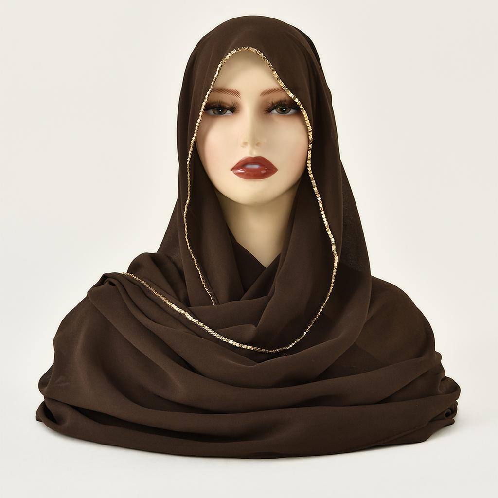 Muslim Chiffon Hijab Women Glitter Chain Edge Premium Chiffon Scarf Solid Color Plain Shawl Unique Edge Design Headscarf Wraps