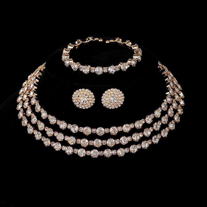 Koreanisches Braut-Funkel-Strassschmuck-Set, rundes Voll-Diamant-Armband, Ohrringe, Halskette Dreiteiliges Set