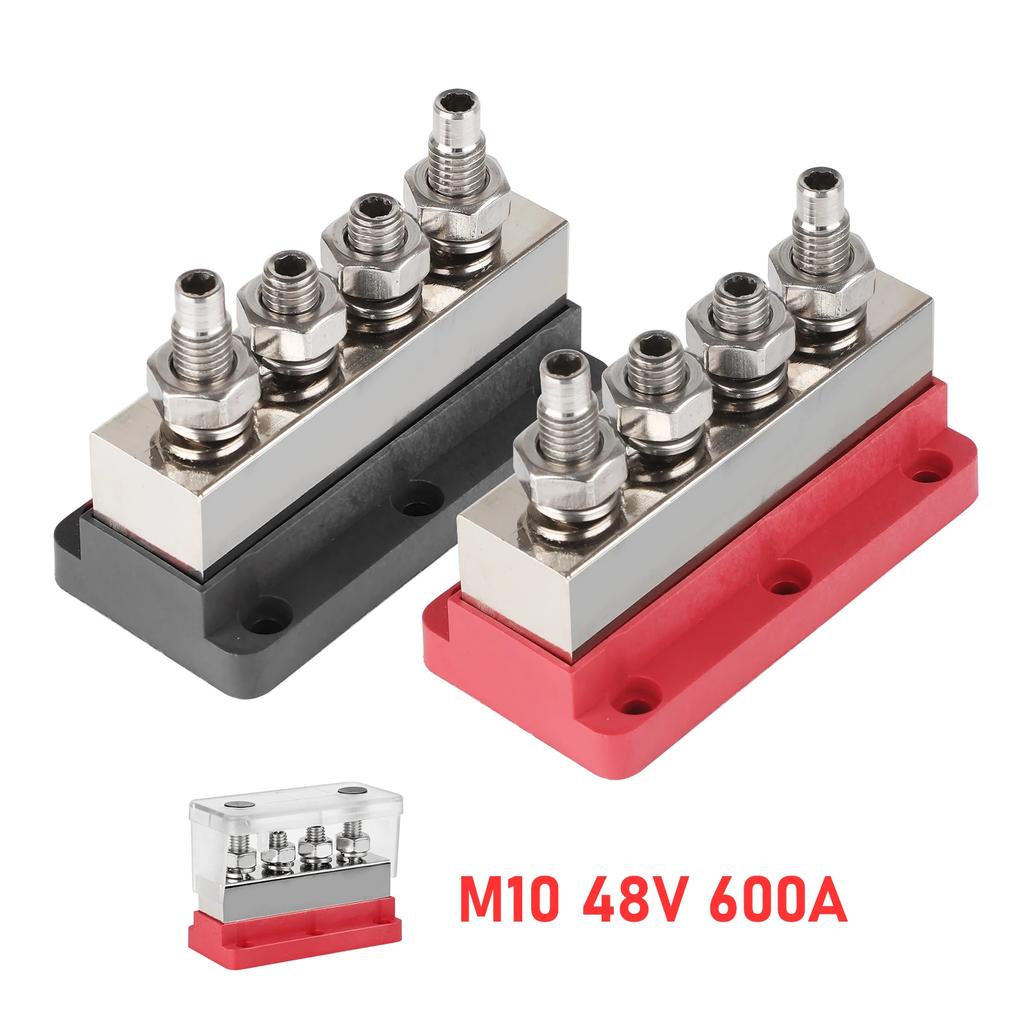 4*M10 Studs (3/8") Marine Battery Bus Bar Heavy Duty 12-48V 600A Waterproof Terminal Block Black & Red for Truck Marine Solar