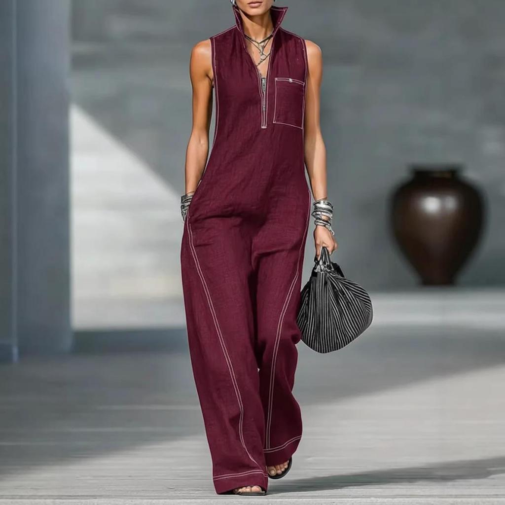 Europäischer & Amerikanischer Damen-Ärmelloser Jumpsuit mit Stehkragen aus Baumwolle und Leinen
