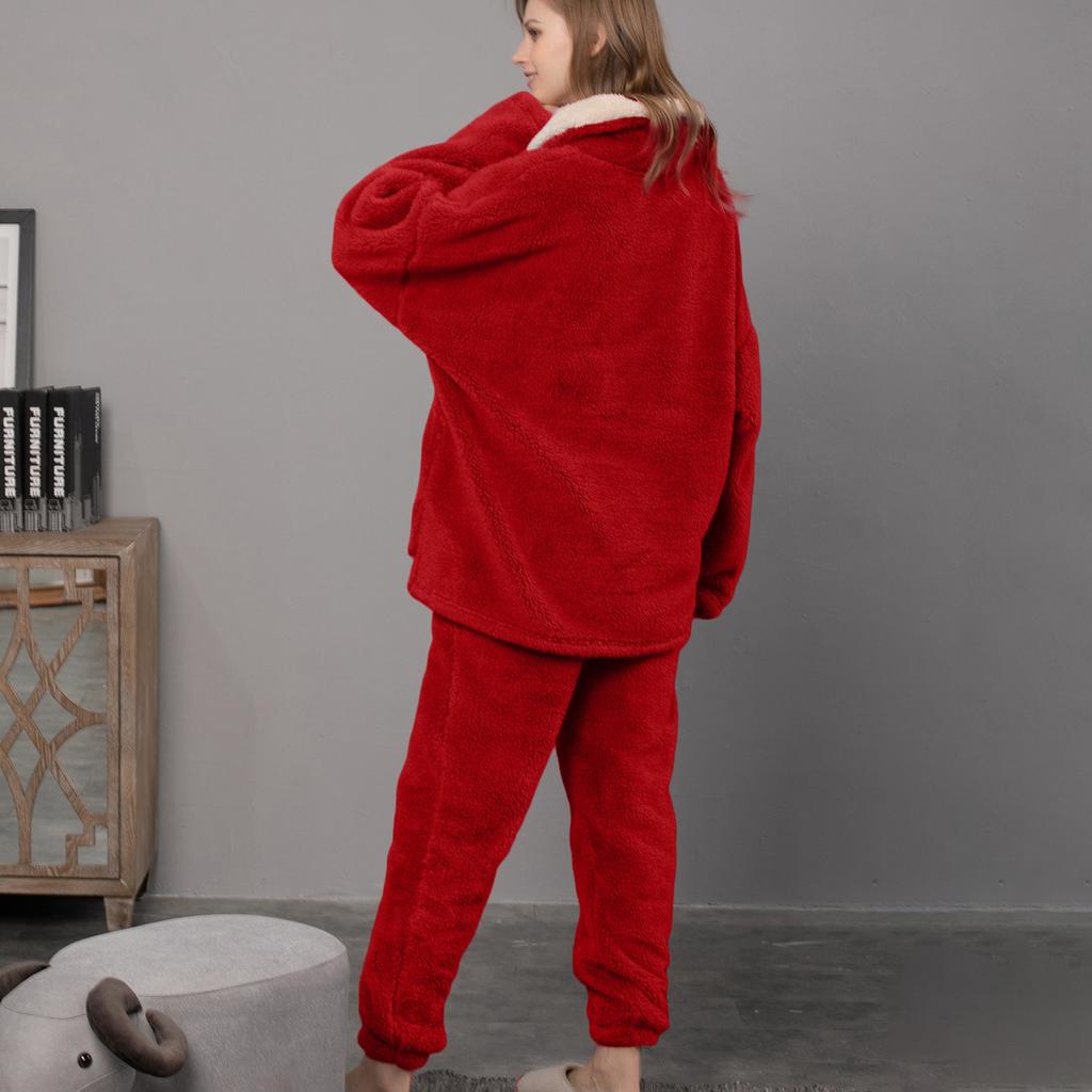 Ladies' Casual And Comfortable Round Neck Warm And Plush Home Clothes Cardigan Sleepwear And Pants Set