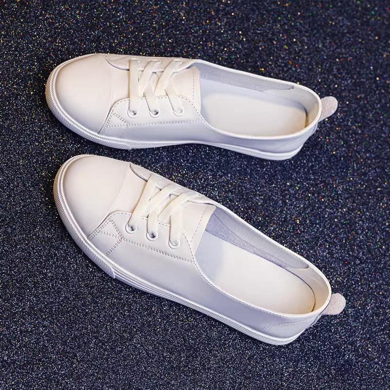 Weißschuhe mit flachem Ausschnitt Damen Leder Lazy Vielseitig Frühling und Herbst Einzelne Schuhe Flache Sohle Sommer Dünn Atmungsaktiv Weiche Sohle Schwangere Frauen