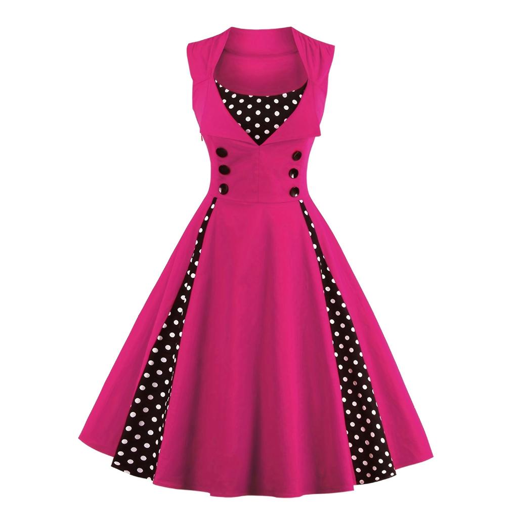 Spring and Autumn Fashion Women's Dress with A Large Swing, Retro Red Polka Dot Mid Length Skirt, Casual Sleeveless Dress