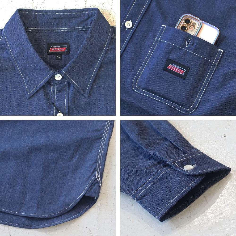 Men's Dickies Oxford Work Shirt, Long Sleeve, Sizes M, L, XL, White, Cobalt, Navy, Striped, One-Point Design, 10001812 (JP, Alphabet, XL, WHITE)