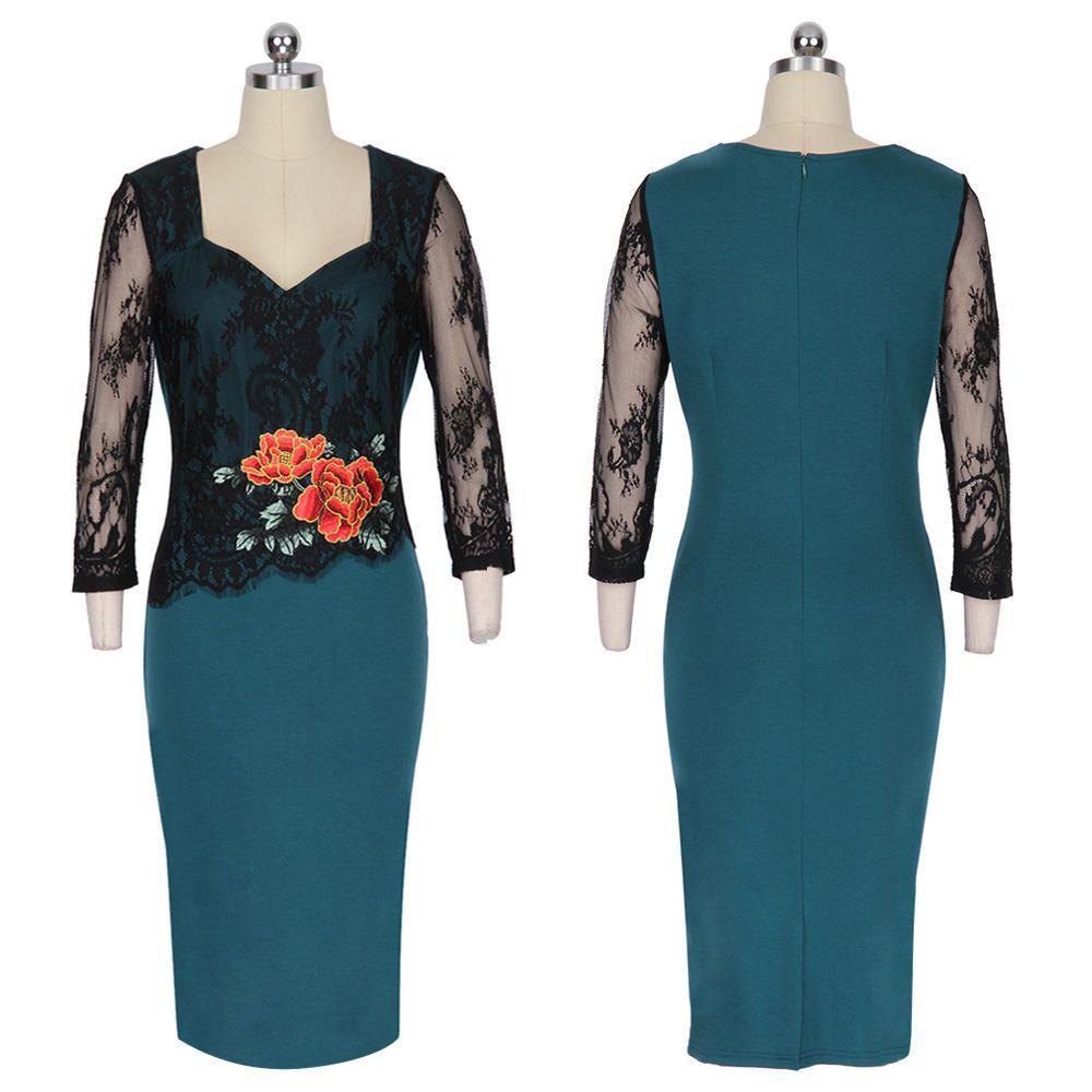 Office Women Sexy V-neck Lace Embroidered Floral Cocktail Evening Party Dress In Premium Quality Fabric